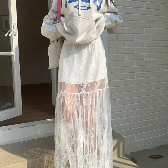 White Elegant Women's Elastic Waist Lace Patchwork Maxi A-Line Skirt - Picture 5 of 7